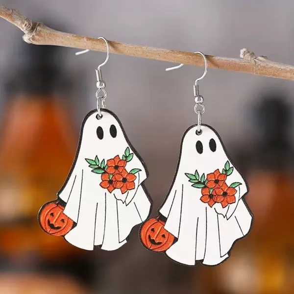 White Ghost Pumpkin Pattern Dangle Halloween Earrings‎ Wooden Jewelry - Image 10