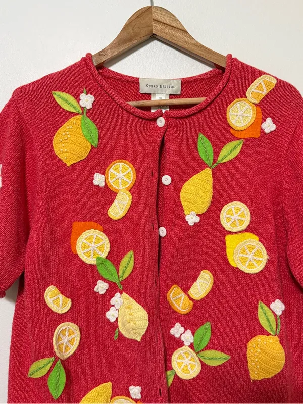 Susan Bristol Vintage Lemon Knit Cardigan Sweater Size Large XL Vtg - Image 4