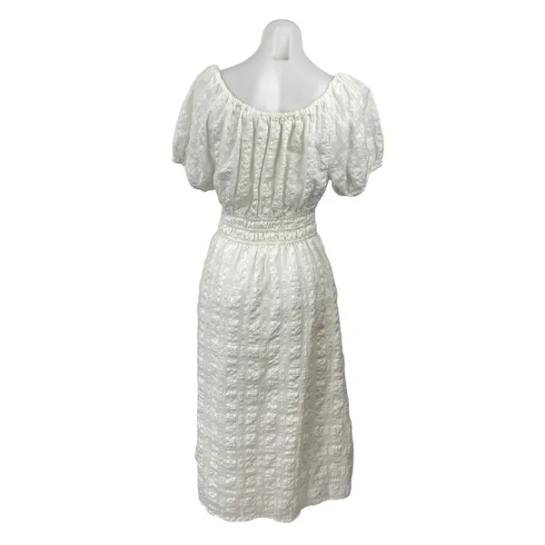 Madewell Sophia White Short Puff Sleeve Seersucker Check A Line Midi Dress Sz M - Image 4