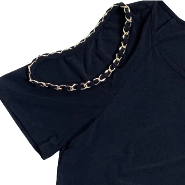 Coco Bianco Top Black Cold Shoulder Gold Chain Strap Detail Top Size Medium NEW - Image 7