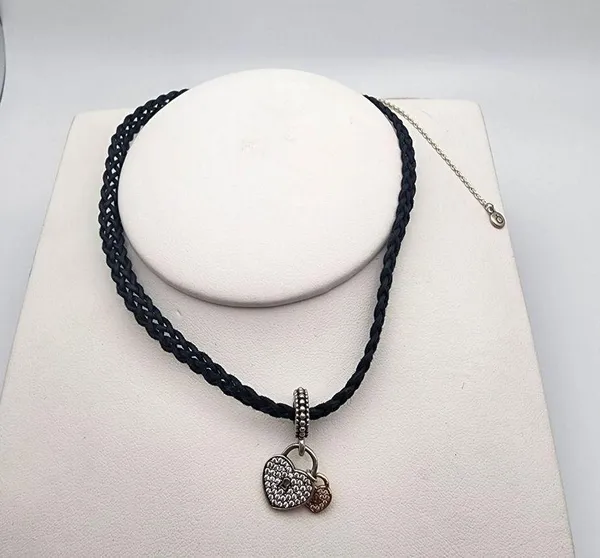 Pandora Sterling Silver Heart Padlocks & Black Woven Cord Choker - Image 3