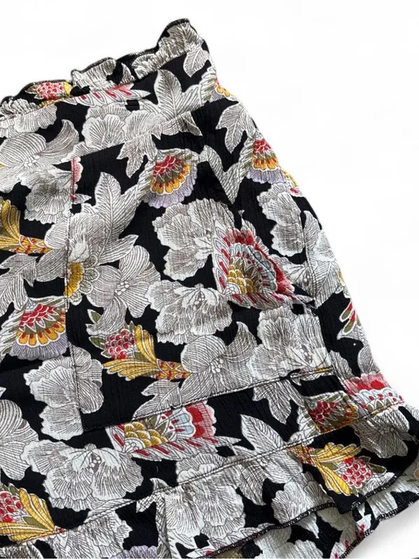 Black Floral Ruffle Hem Boho Shorts Womens Sz M Hippie Flutter Elastic Waistband - Image 3