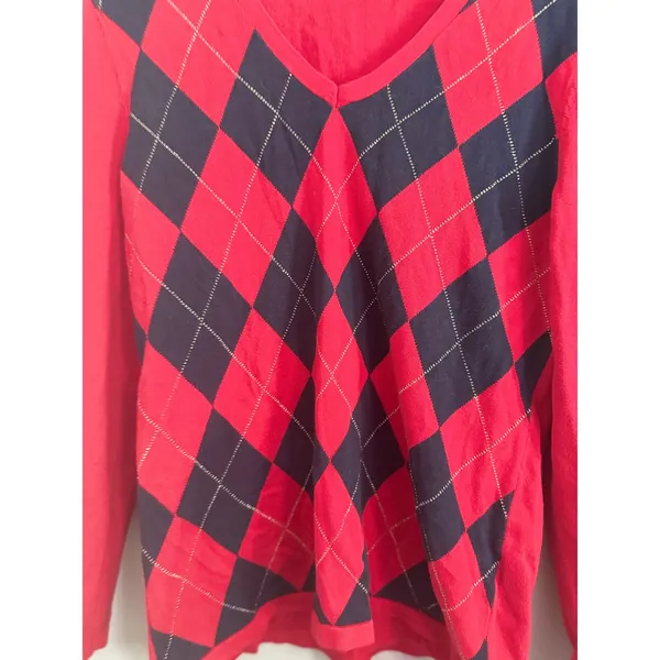 Tommy Hilfiger Women's‎ Red Navy Argyle V Neck Sweater Long Sleeve M - Image 2