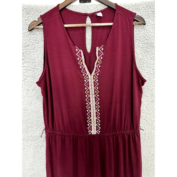 Old Navy Jumpsuit 1X Plus Burgundy Embroidered‎ Sleeveless Wide Leg Boho Chic - Image 3