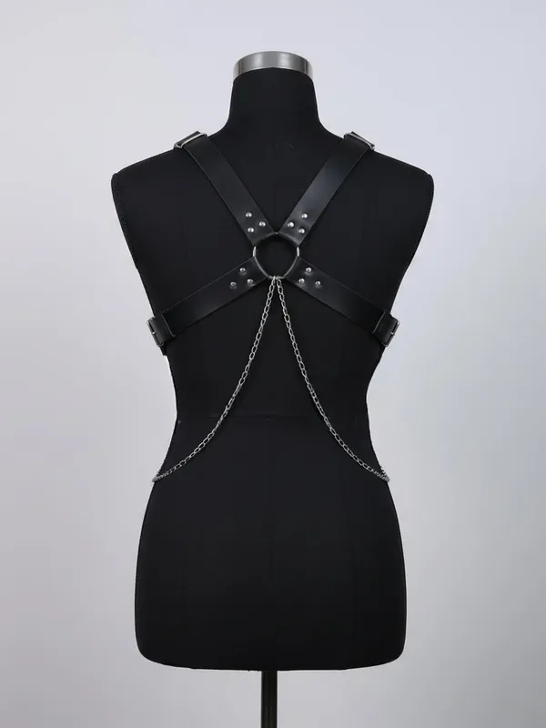 Black Leatherette Harness with Silver Chain Accent New - Image 3