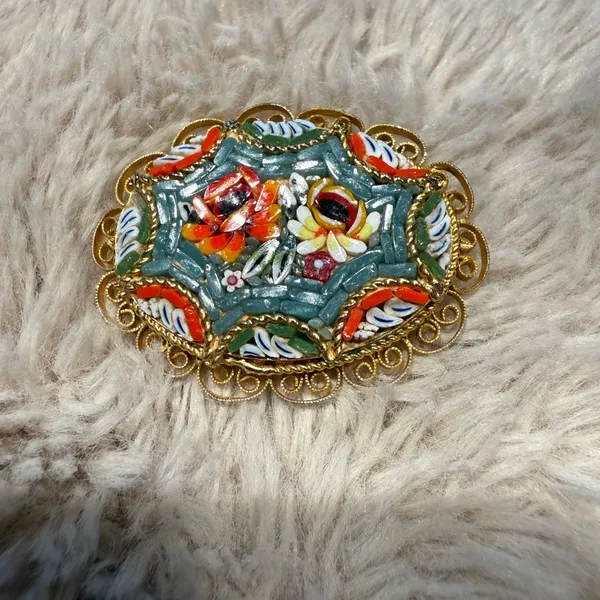 Vintage Gold‎ Micromosaic Micro Mosaic Flower Design Brooch Pin - Image 2