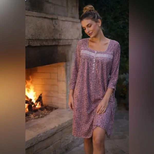 Eileen West Pink Embroidered Floral Nightgown S Cotton Long Sleeve Ruffle Lace - Image 3