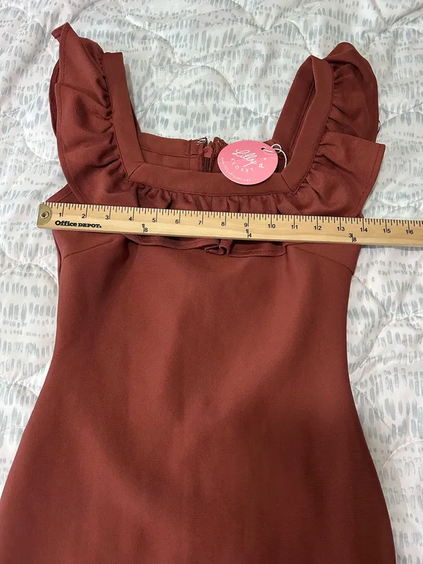 Lilly’s Kloset Size Small Brown Ruffle Bandage Bodycon Midi Dress - Image 5