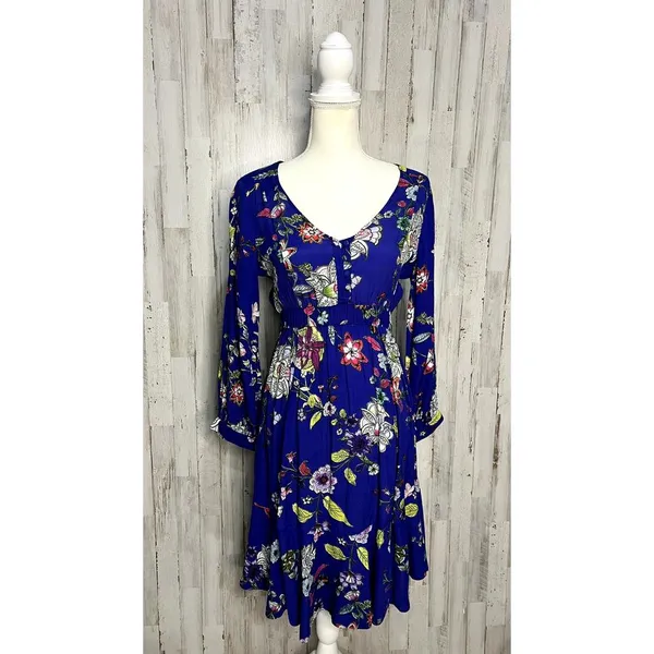 Maeve by Anthropologie Women's XS Blue Floral Long Sleeve Knee Length Dress‎ - Image 4