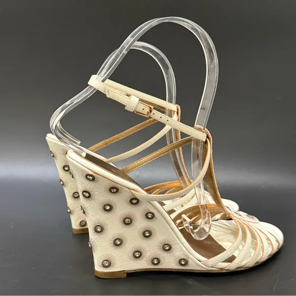 ESCADA Ivory White Leather Crystal Studded T-Strap Wedge Sandals Size 37 1/2 - Image 3