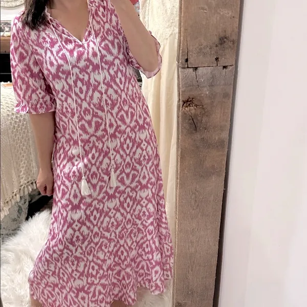 Elegant Pink Patterned Maxi Dress with tassels size  large - Image 4