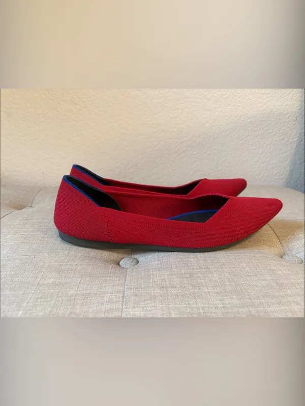 Rothy's Red Pointed Toe Knit Flats with Blue Trim size 9 - Image 8