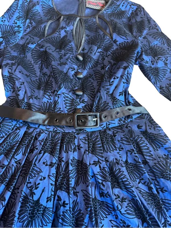 Voodoo Vixen Blue Black Bird Print Belted Fit Flare Midi Dress Medium Women's - Image 4