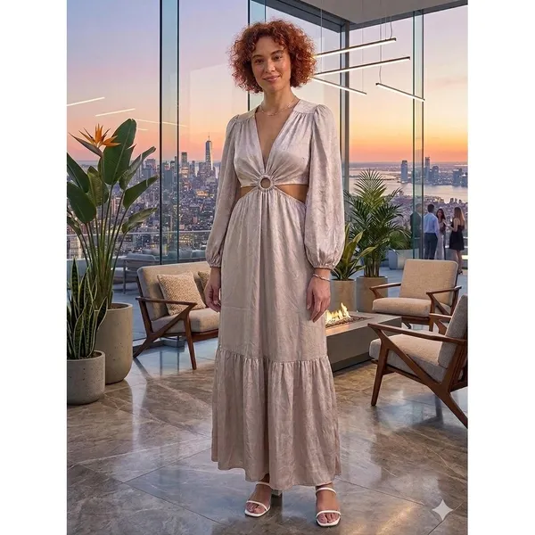 Altar'd State Champagne Satin O-Ring Cutout‎ Maxi Dress Women's Large Boho Glam - Image 2