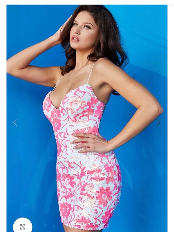Jovani Pink and White Sequin Floral Mini Dress - Image 4