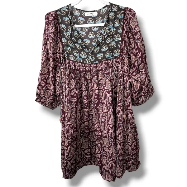 Natural Life Dara Floral Boho Bohemian Tunic Peasant Flowy Babydoll Mini Dress - Image 2