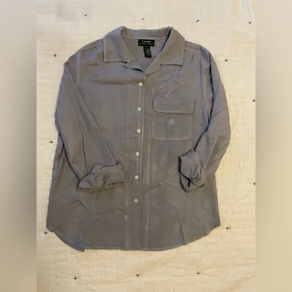 RALPH LAUREN Silk Button Front Collared Embroidered Pocket Sleep Top Size 14 - Image 5