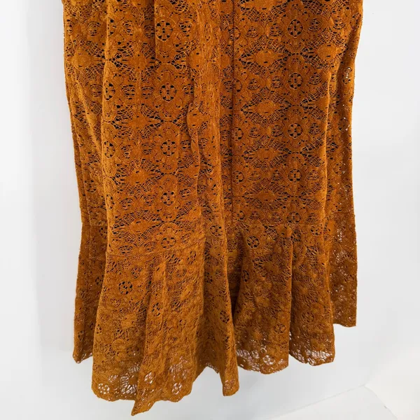 Anthropologie Maeve Amis Dress 4 Burnt Orange Floral Lace Ruffle Hem Lined - Image 11