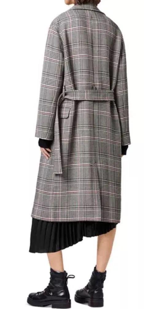 All Saints Tyla Check Plaid Wool Blend Belted Long Trench Coat - Image 2
