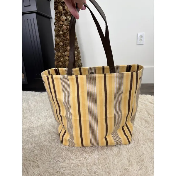 Restoration hardwareStriped Canvas Tote Bag Large Yellow Brown Snap Closure‎ - Image 2