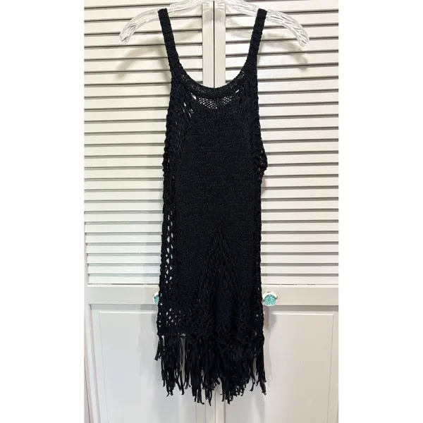 Black‎ Crochet Top Sleeveless Size Medium Open Knit Fringe Linen Cover-up - Image 4