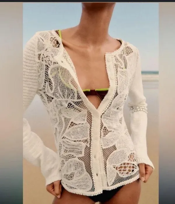 Nwt crochet floral cream cardigan Zara boho classic summer coastal casual s $98 - Image 4
