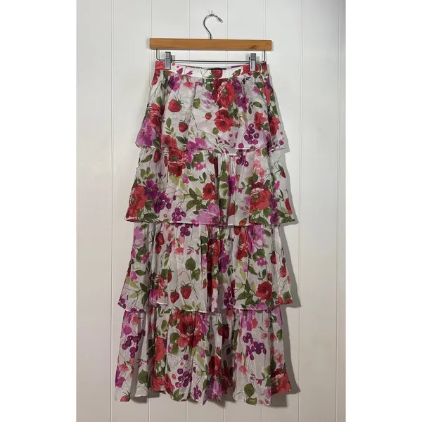 Abercrombie & Fitch Floral XS Tiered Maxi Skirt Women White Pink Red Ruffle - Image 2