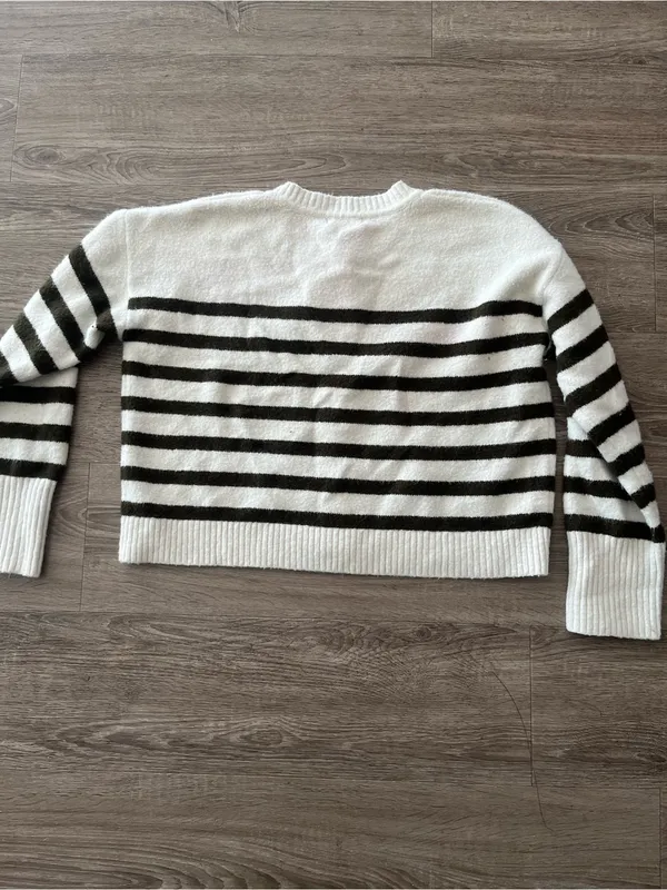 Lulus Knit Cardigan Womens Medium Ivory Olive Striped Fuzzy Wool Blend Cropped - Image 9
