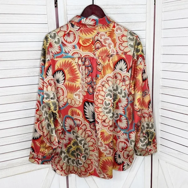 Jodifl Boho‎ Printed Satin Button Up Blouse Shirt Orange Multi Large - Image 9