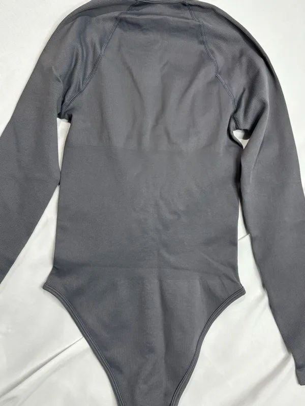 OQQ Ribbed Long Sleeve Square Neck Bodysuit Grey Size S - Image 2