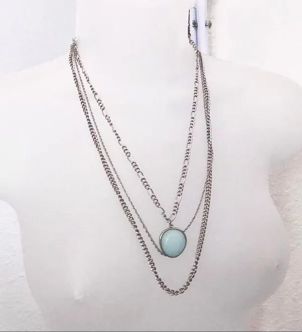 Boho hippie indie Faux Turquoise Pendant Silver Tone Necklace Multi Strand layered chain - Image 2