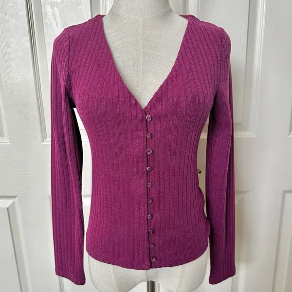 Anthropologie Maeve plum metallic cardigan - Image 2