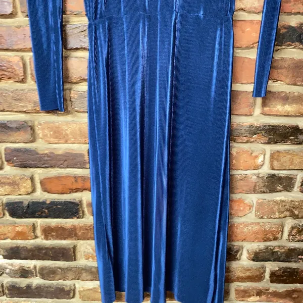 Zara Navy Blue Pleated Satin Long Sleeve Midi Dress Women's Size Medium - Image 4