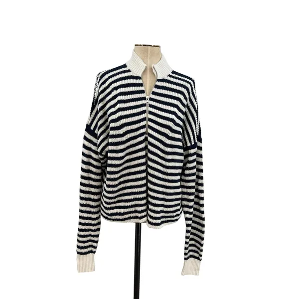 Madewell Ribbed Half-Zip Sweater in Stripe Ivory White Navy Blue‎ Size XXL - Image 3