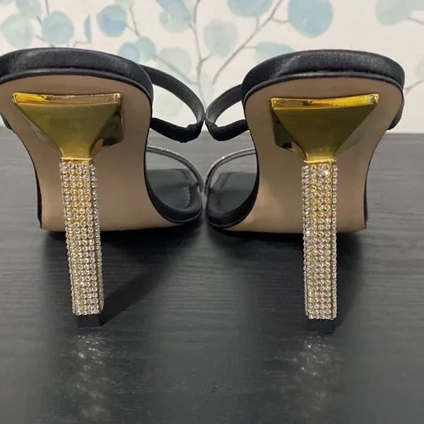 Good American Black Satin Rhinestone Heel Square Toe Pumps Size 8.5 - Image 6