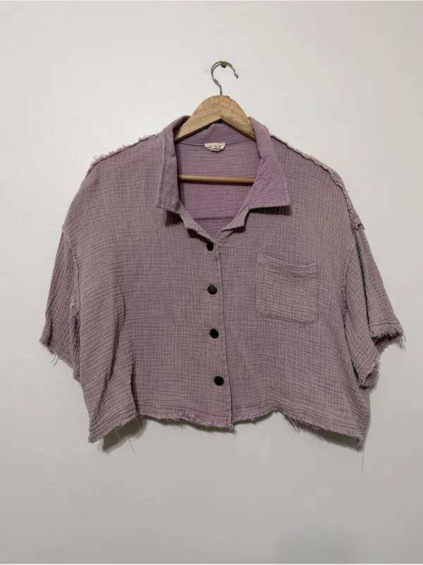 POL Gauze Purple Boho Top Size Small Cropped Oversized Cotton Beach - Image 2
