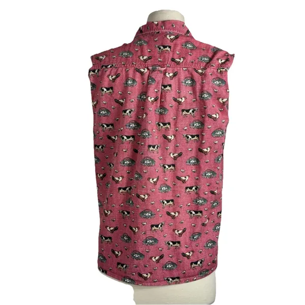 Country Chic Sleeveless Button Up Farm Print Vtg Cotton Cows Chicken Red - Image 7