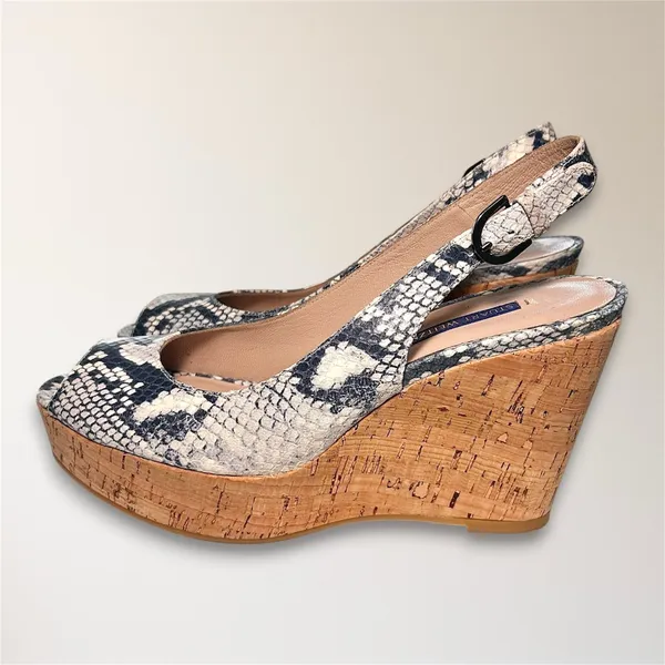 Stuart Weitzman 7.5 Snake Print Embossed Cork‎ Wedge Slingback Peep Toe Sandals - Image 4
