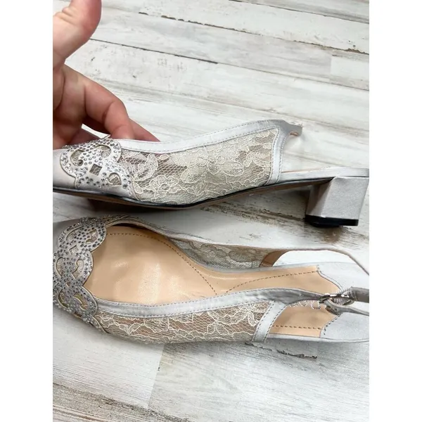 J Renee Silver Gray Lace Rhinestone Embellished Square Toe Slingback Heels 9.5 - Image 11