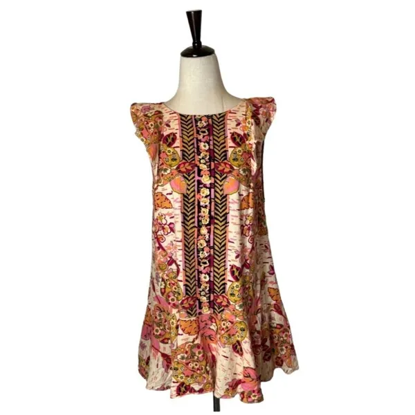 Free People Shirt Women XS Pink Floral Print Linen Blend Summer In‎ Tulum Boho - Image 3