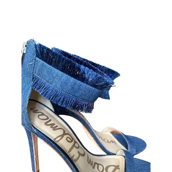 Sam Edelman Anabeth Denim Fringe 4" Heels Sandals Womens Size 8.5 Open Toe‎ Zip - Image 3