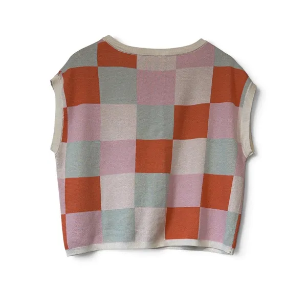 Womens Checkerboard Knit Sweater Vest Cropped Boxy Crew Neck Top Disco Festival - Image 5