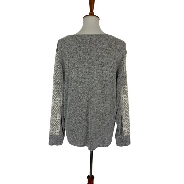 Anthropologie Flora Nikrooz Gray Knit Top‎ L Lace Sleeve Pullover Loungewear Casual Cozy Shirt - Image 3