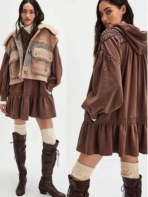 Free People Bohemian Marty Smocked Mini Dress Brown Bear Sweatshirt Tunic Medium - Image 2