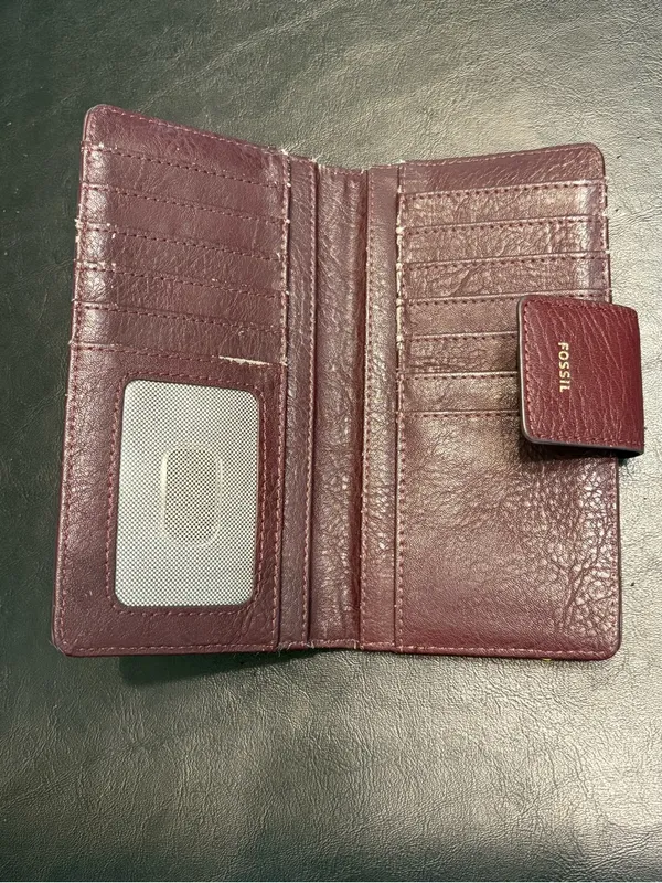 Fossil pebbled leather tab clutch wallet in a deep burgundy or berry color - Image 7
