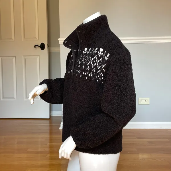 LOFT Women’s Sherpa Fleece Pullover Sweater Size S Black White Fair Isle Mock Neck - Image 4
