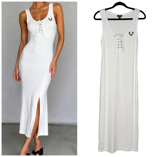 True Religion M Horseshoe Logo Stretch Lace Up Midi Dress Tank Top White $129 - Image 2