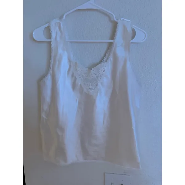 Vintage Ivory Satin Lace Trim Camisole V-Neck Sleeveless Tank Top White - Image 2