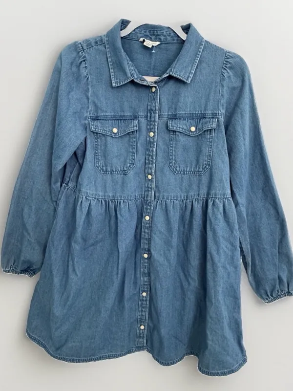 NEW American Eagle Denim Babydoll Dress SMALL Long Sleeve Button Down Blue Jean - Image 2