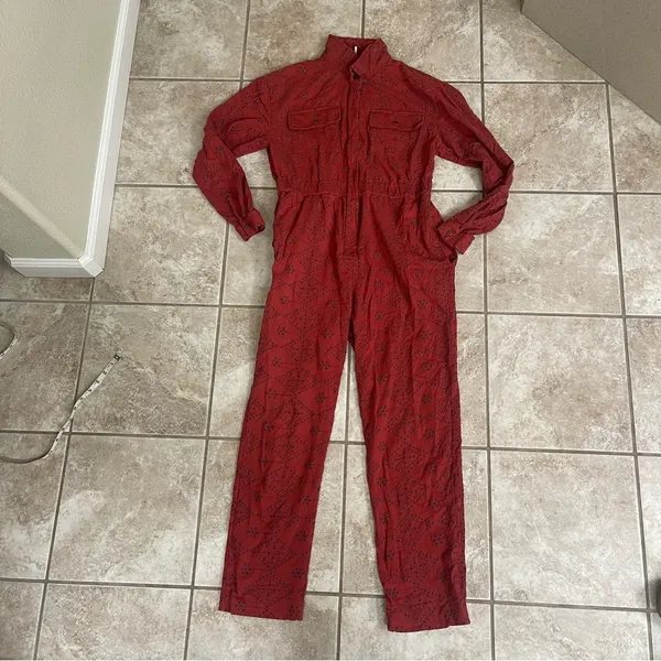Free People Set The Tone Eyelet Long Sleeve Jumpsuit Terracotta Red Women's Sz 4 - Image 16